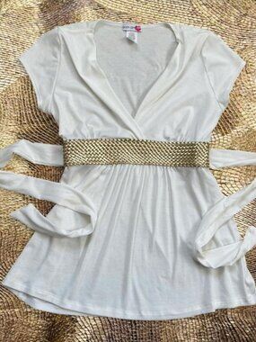 Vintage Y2K White & Gold Goddess Braided Wrap Waist V Neck Top ⭐️ body central
